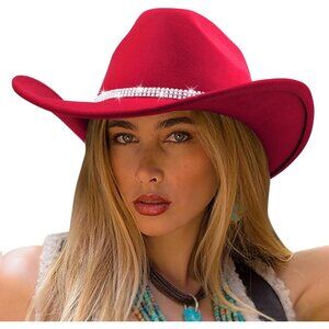 Women's Pink Western with Rhinestone Band Buckle Classic Fedora Cowboy Felt Hat